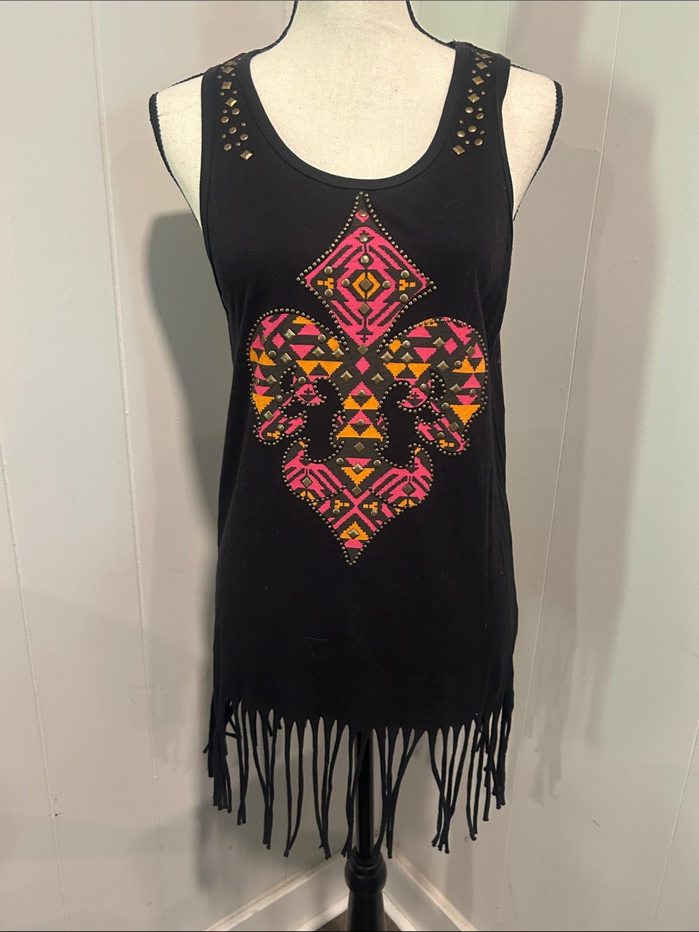 Vocal Black Tank with Pink & Yellow Aztec Heart Fringe